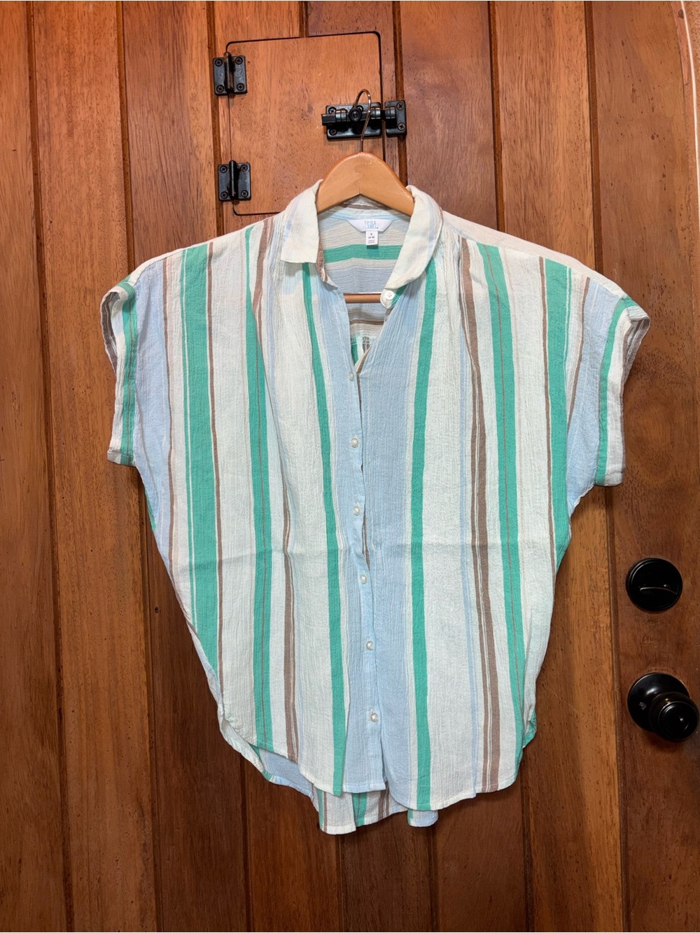 Casual Striped Button-Up Shirt in Teal, Beige & White